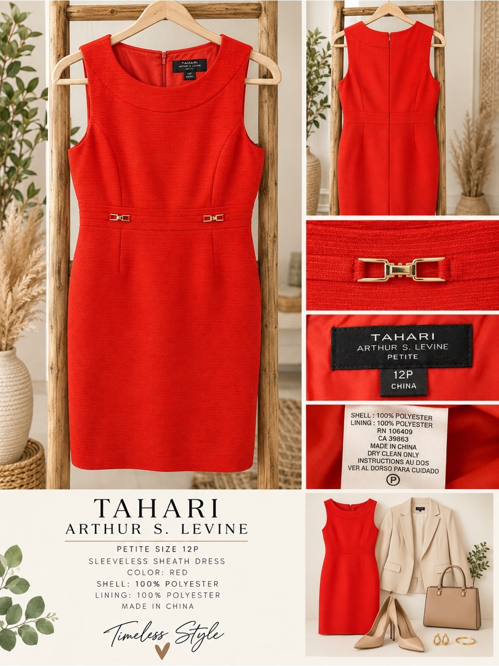 Tahari Red Sleeveless Sheath Dress with Gold Accent